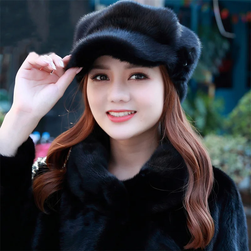 2022 New Fashion Women Real Nattural Mink Fur Bomber Hats Winter Lady Warm Fluffy Mink Fur Hat Good Quality Fur Caps