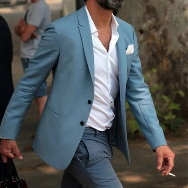 

2022 Most Fashion Elegant Blue Men Suit Grey Pants Beach Wedding Tuxedo Custom Young Men Casual suits Wear Vestido(Jacket+Pants)