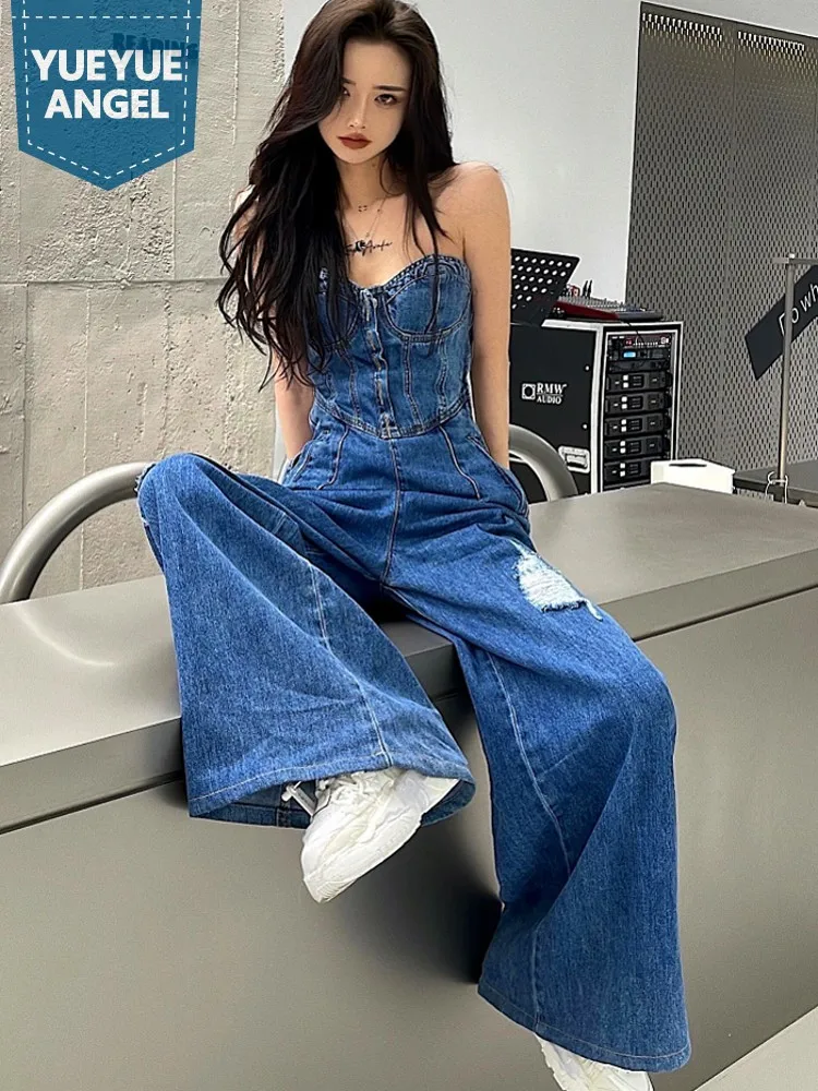 

Streetwear Sexy Strapless Denim Jumpsuit Women Spring Summer New High Waist Wide Leg Trousers Loose Fit Office Lady Jeans