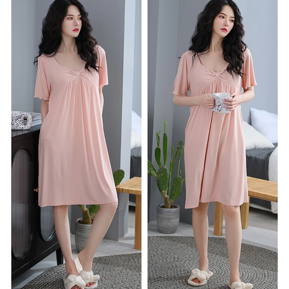 Sexy V Neck Woman Viscose Nightie Dress With Bow Bra Padded Summer Nightwear Women's Short Sleeve Solid Long Shirt robe femme