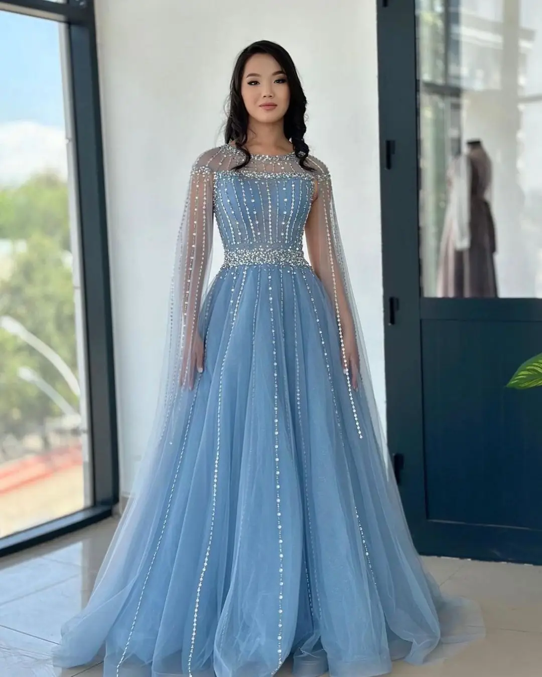 

Lovestory Dusty Blue Tulle Prom Dresses Handmade Beading A Line Pageant Party Birthday Gowns Long Sleeves Evening Formal Dress