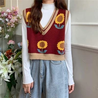 street womens sweater retro contrast color sunflower vest sweater jacquard sleeveless pullover college style loose casual top