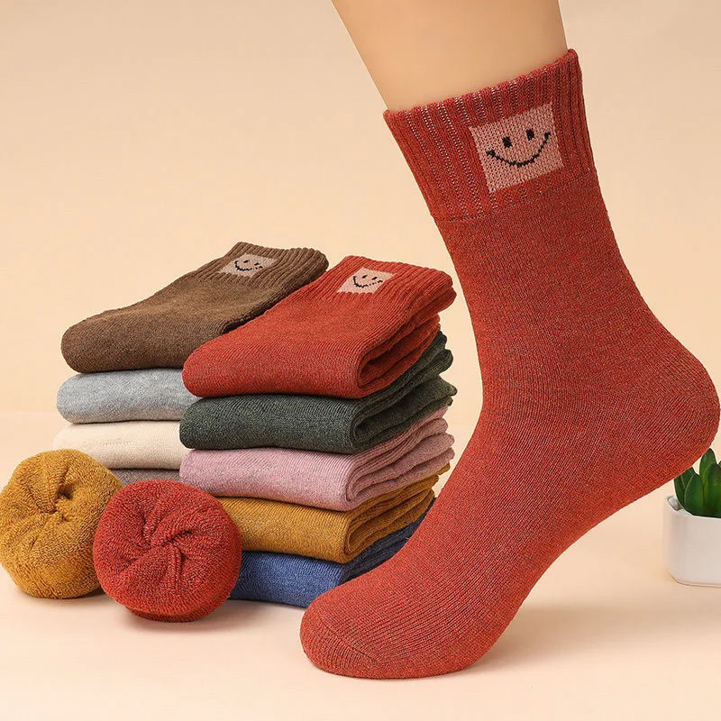 

5pairs Winter Thermal Sock Women Smiling Thick Cotton High Quality Towel Warm Fashion Harajuku Business Basics Happy Men Sock