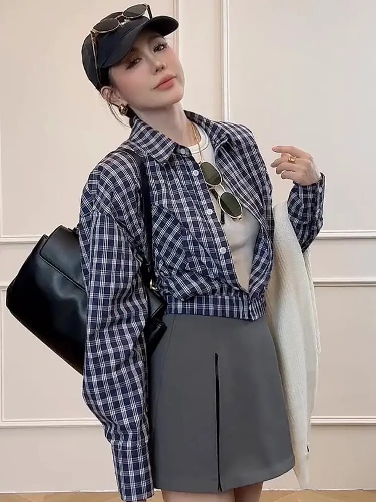 Polo Collar Plaid Shirts Women 2024 New Popular Autumn Waist Hugging Slimming High Sense Unique Chic Small Top