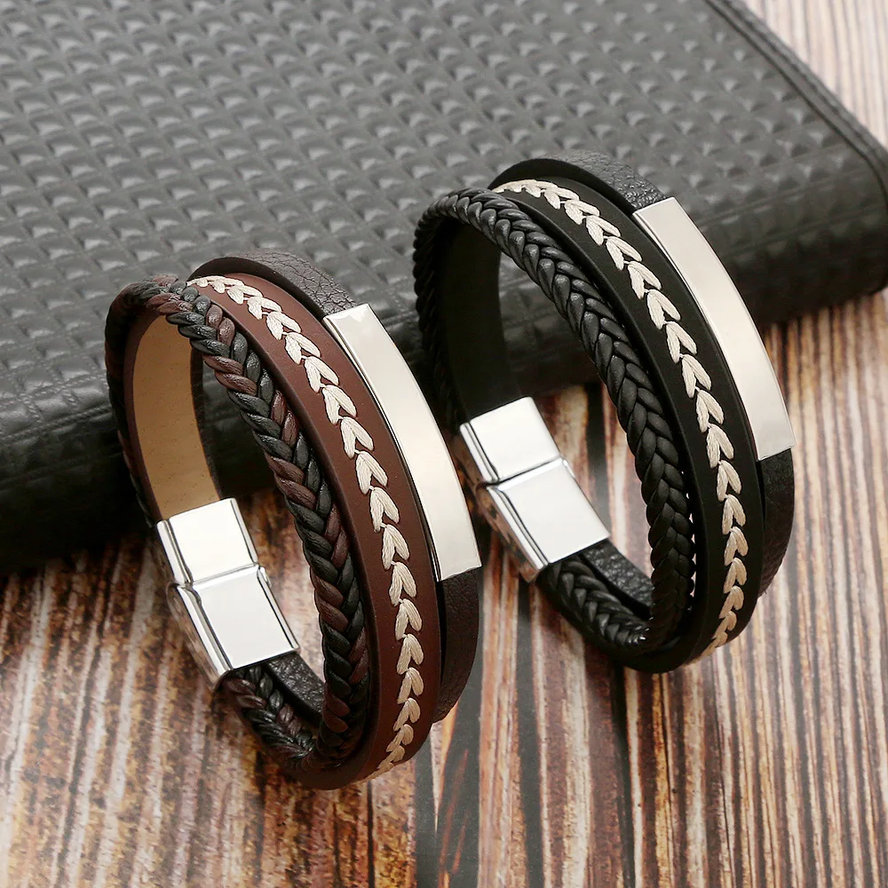 

New Multilayer Titanium Steel Trend Embroidery Braided Leather Bracelet Men Magnet Buckle Jewelry Vintage Bracelet Homme 2022