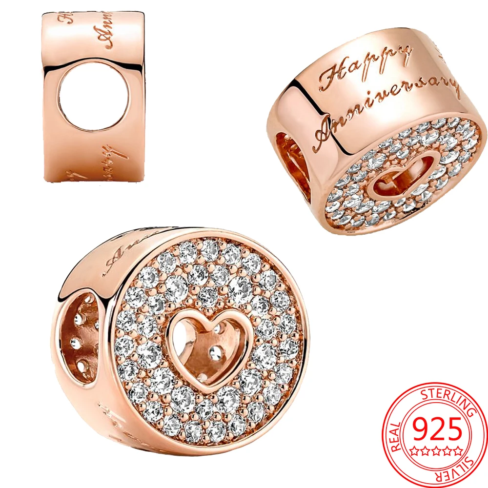 

Authentic 925 Sterling Silver Rose Gold Round Cutout Pavé & Heart Anniversary Charm Fit Pandora Bracelet Jewelry Graduation Gift