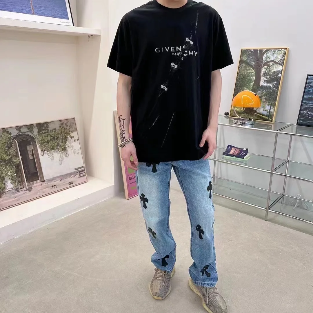 Summer Men's Leather Cross Jeans Loose Print Solid Color High Street Embroidery Pants Cotton Breathable Soft Elastic 2024 Luxury