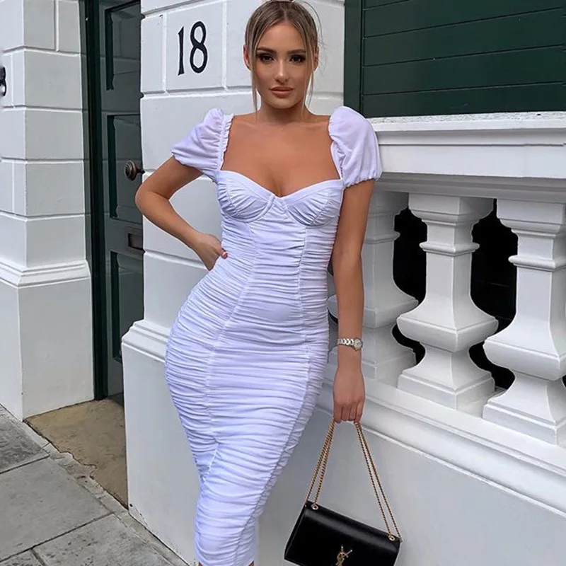 

Puff Short Sleeve Women Square Collar Ruched Midi Bodycon Dress Sexy Streetwear Party Club Festival 2022 Summer Dresses New