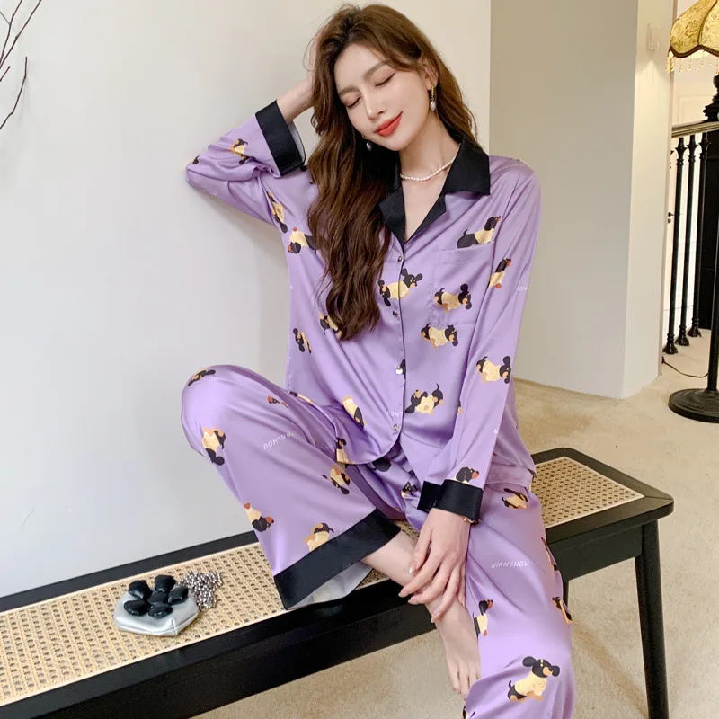 Ice Silk Pajamas Women's Spring Summer Thin Long Sleeves Trousers Internet Hot Two-Piece Suit 2023 New Large Size Loose Home Wea