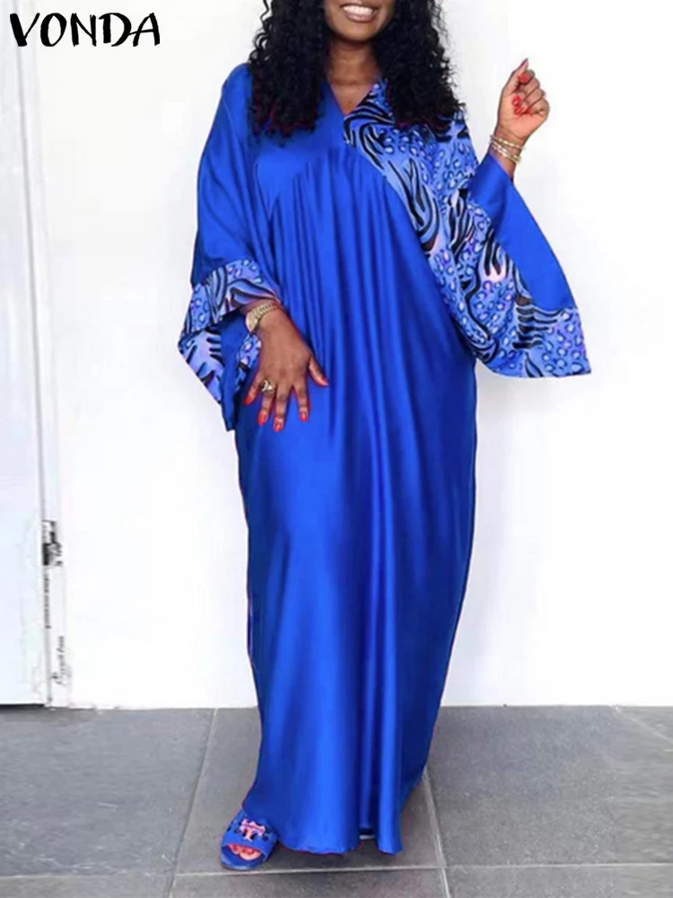 

VONDA Women Long Flare Sleeve Bohemian Dress 2022 Summer Patchwork Printed Party Sundress Sexy V Neck Casual Beach Maxi Robe