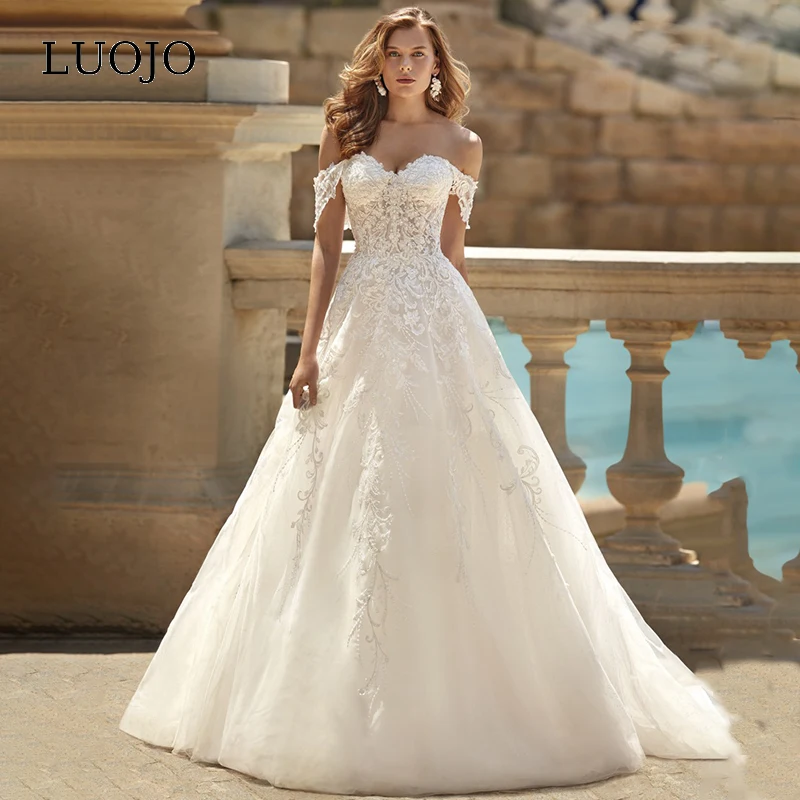 

LUOJO Off the Shoulder Sweetheart Wedding Dress Beading Appliques Court Train Buttons A-line Ball Gown robe de mariée 2023