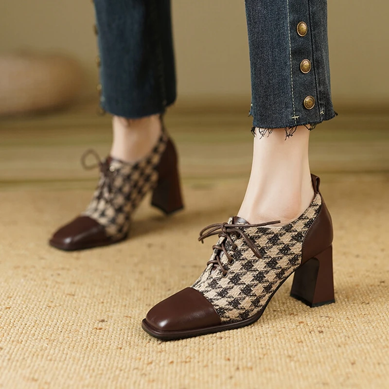 NEW Spring Women Shoes Square Toe High heels Genuine Leather Chunky Heel Women Pumps Retro Cotton Fabric Lace-up Shoes for Women