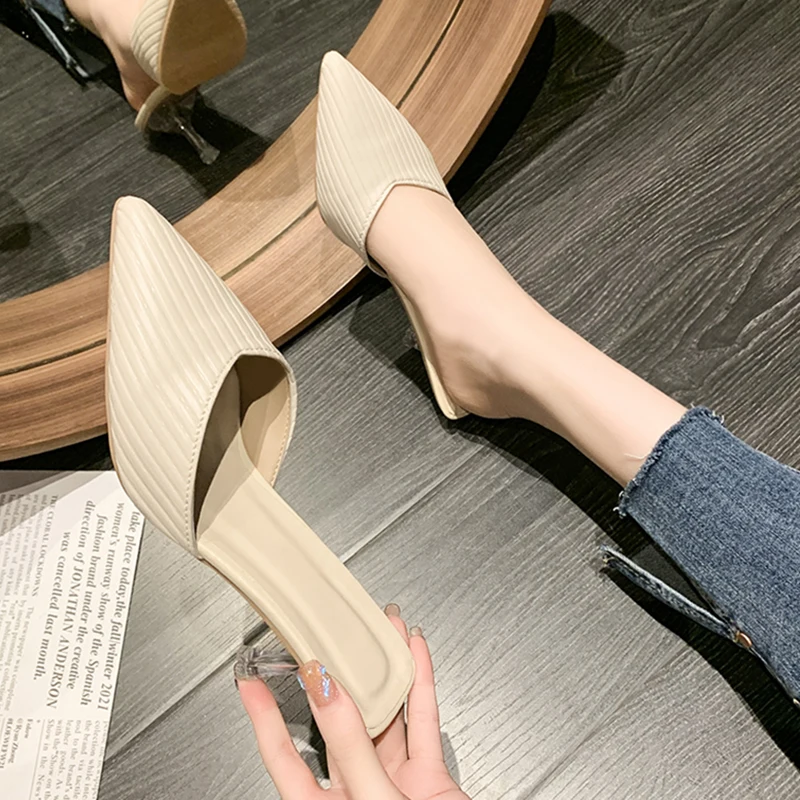 

Loafers Shoes Woman 2022 Thin Heels Cover Toe Shallow Slippers Casual Pantofle Med Heeled Mules Pointed Luxury New Soft High Sli