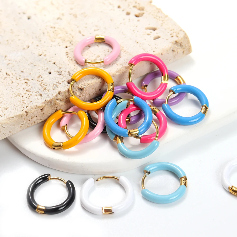 

1Pair Stainless Steel Multicolor Dripping Oil Enamel Round Hoop Earrings Summer Gifts Party Jewelry Bulk