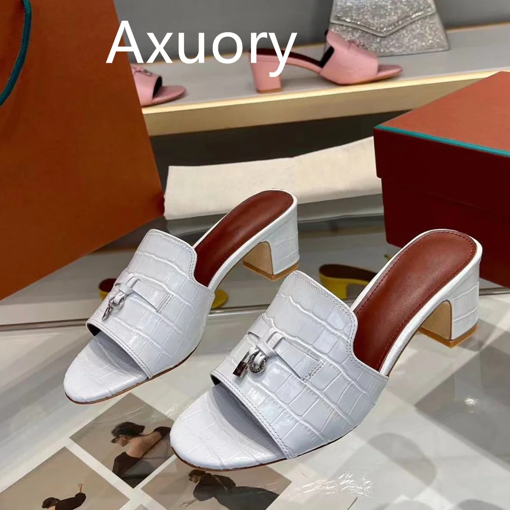 

2023 Women's high heels Slippers Shoe Genuine Leather Summer Toe Slides Square Outside Wear High Quality