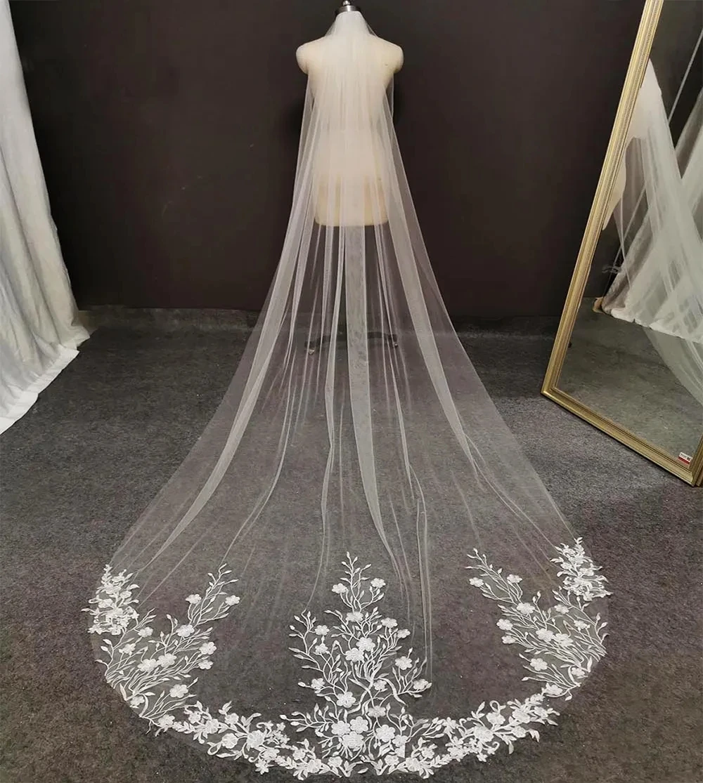 

Real Photos Tulle Lace Wedding Veil 3/4/5 Meters One Layer White Ivory Bridal Veils with Comb Women Floral Appliques Accessories