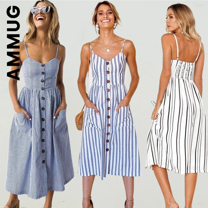 

Ammug Women New Dress Beach Button Backless Polka Dot Striped Midi Dress Basic Outfits Cheap Soft Women Clothing Vestidos