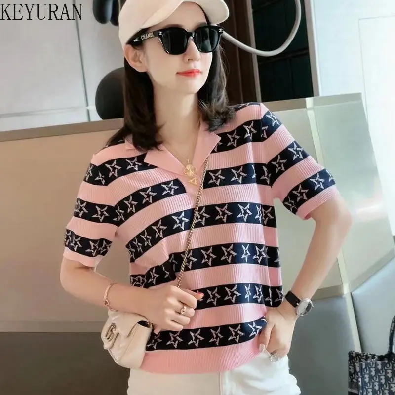 

Женская Летняя трикотажная футболка из ледяного шелка, тонкий жаккардовый топ в полоску с коротким рукавом и звездами, 2023