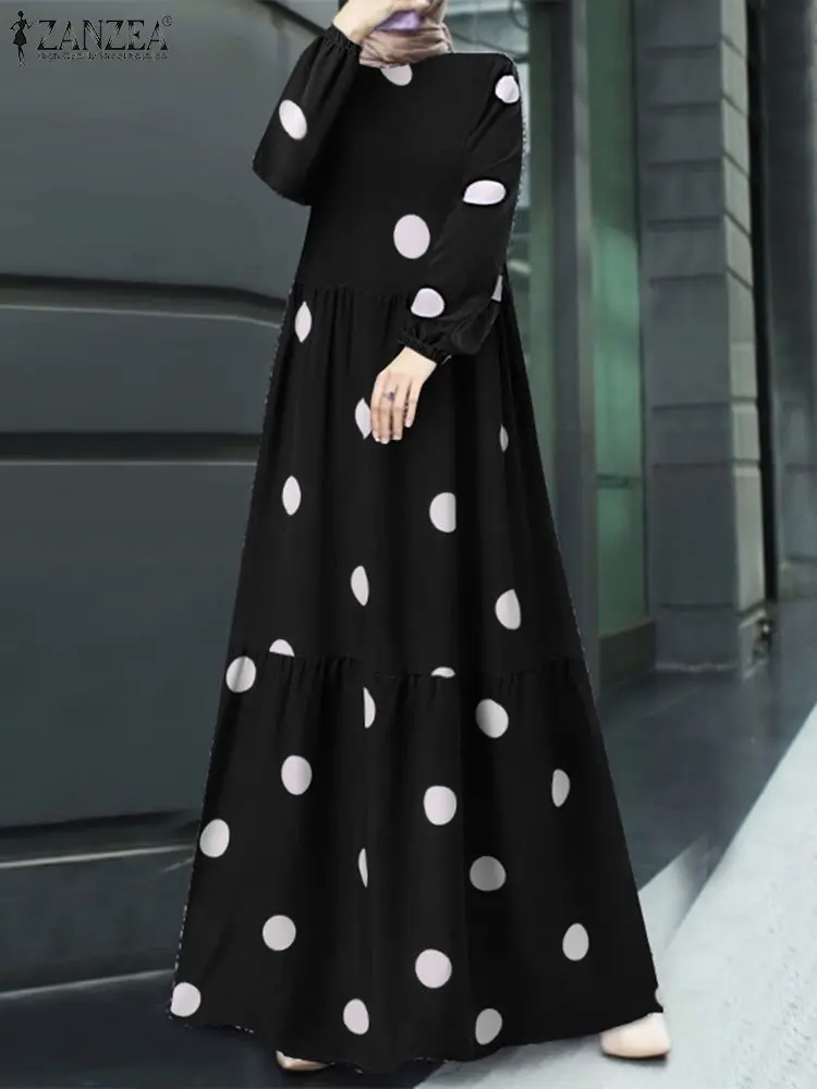 

ZANZEA Women Polka Dots Muslim Dress Printed O-Neck Puff Sleeve Maxi Robe Bohemian Elegant Casual Loose Abaya Kaftan Sundress