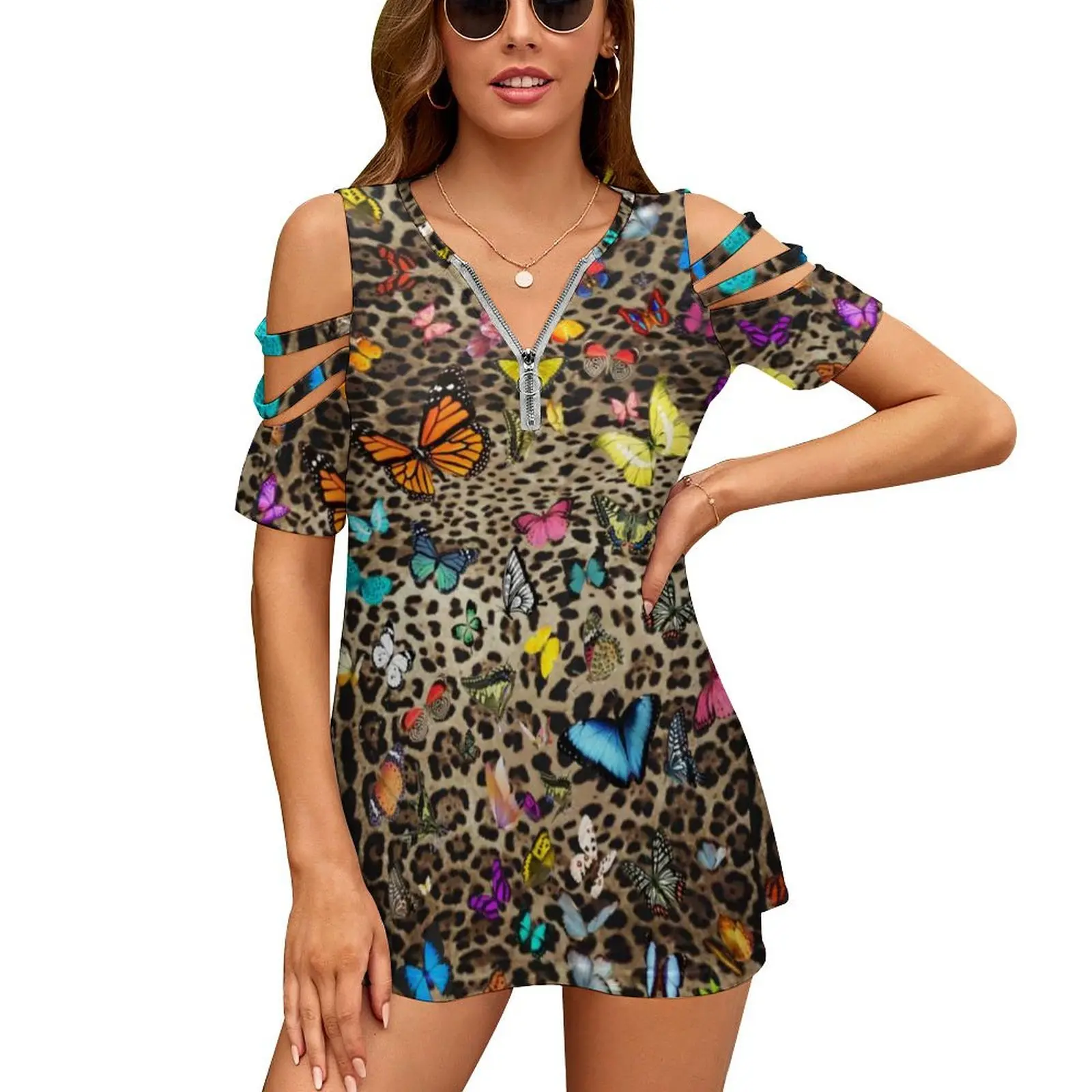 

Leopard Butterfly T Shirt Animal Print Butterflies Modern T Shirts Short Sleeve V Neck Casual Print Tops Tees Plus Size 2XL 3XL