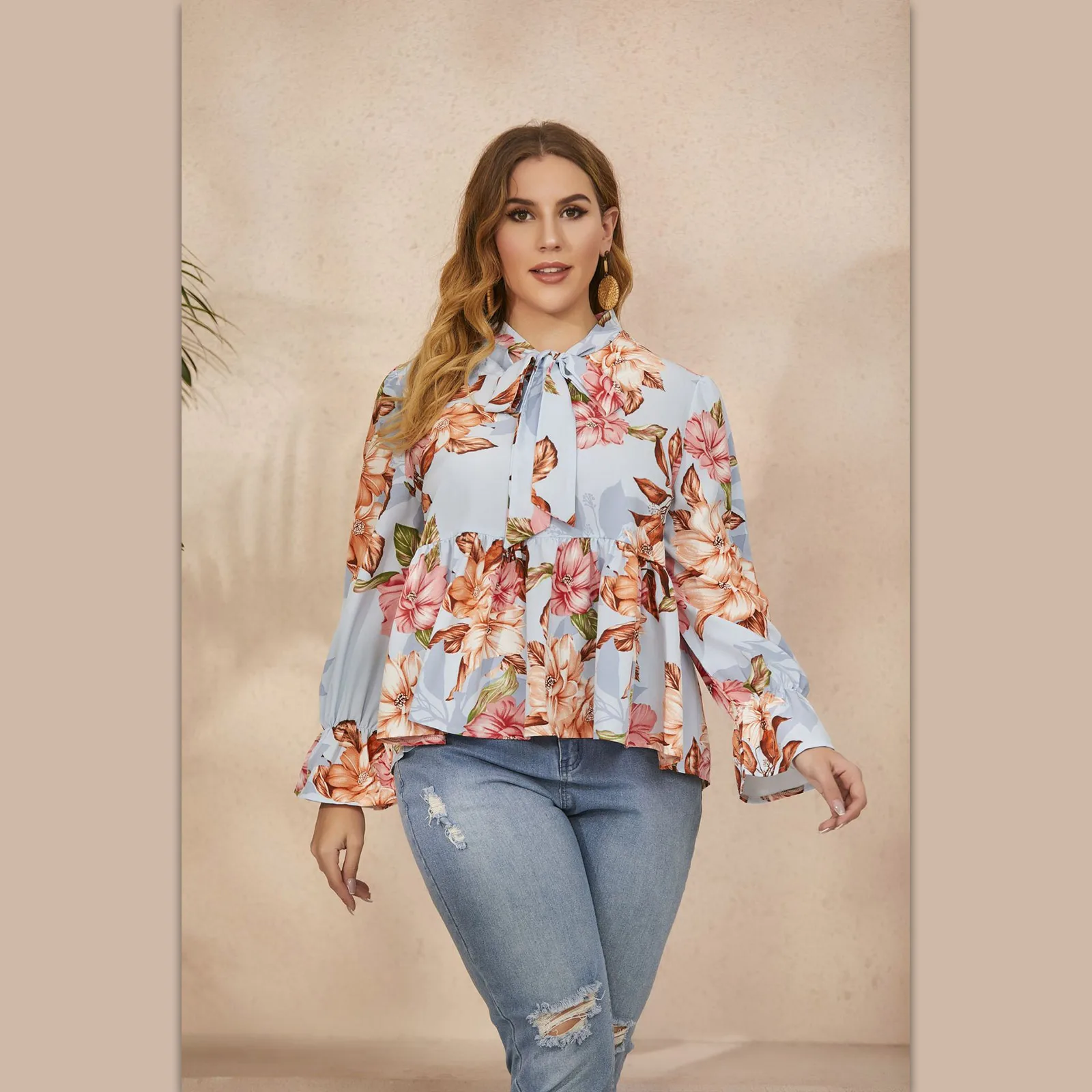 

Women Plus Size Puff Flare Long Sleeve Blouse Bow Tie Neck Vintage Floral Printed Shirts Ruffles Casual Loose Peplum Boho Tops