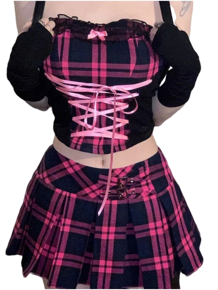 

College Skirts Sets American Suit Sexy Pink Clothing Slim Suits Women Outfits Plaid Tie Dress Set Camisole Wear Sets Sweetheart