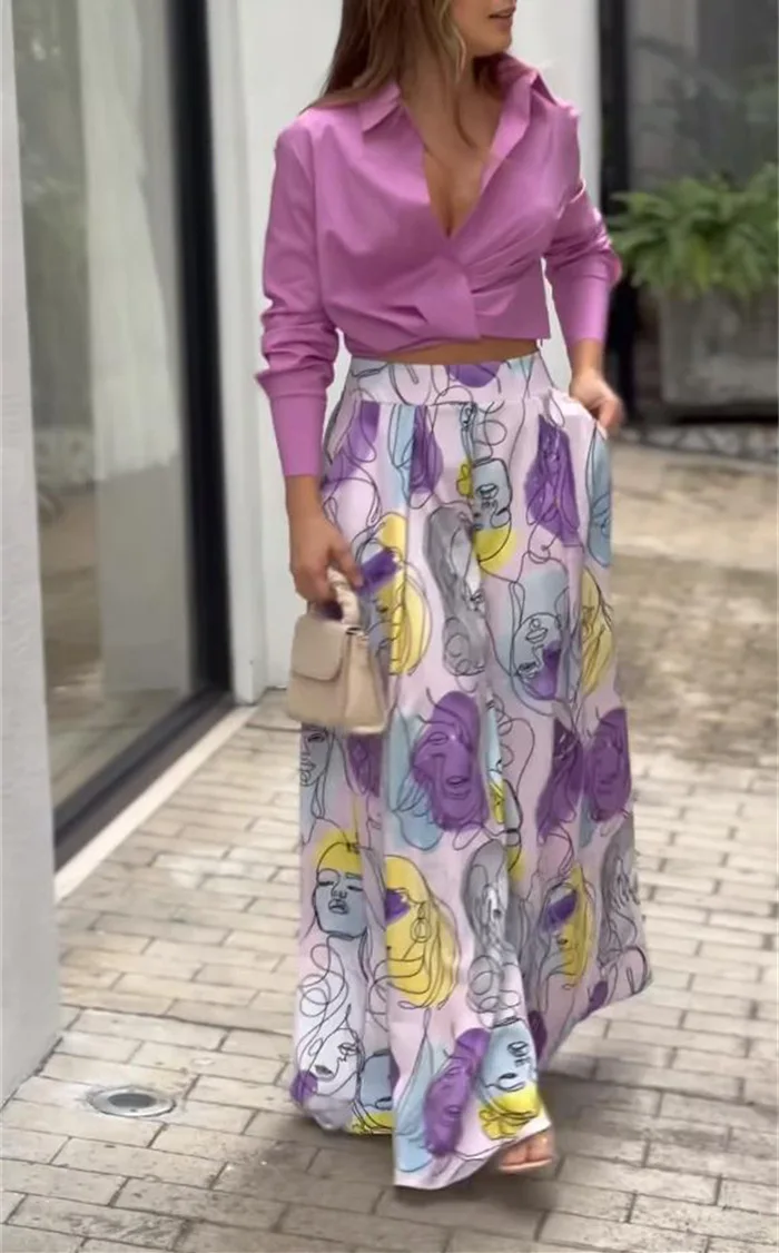 

Women Long Sleeve Lapel Short Shirt Printed High Waist Wide Leg Pants 2022 Summer New Elegant Chic