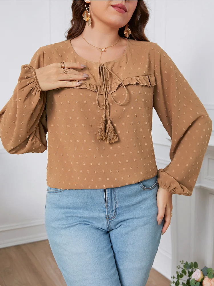 Ladies Style Tie Rope Round Neck Lace Loose Size Women's Top plus size women clothing  roupas femininas