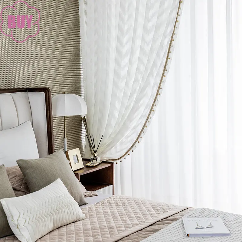 

American-Style Curtains for Bedroom Living Room Simple Wavy Window Screen Light Luxury Nordic Mesh Balcony Study Tatami