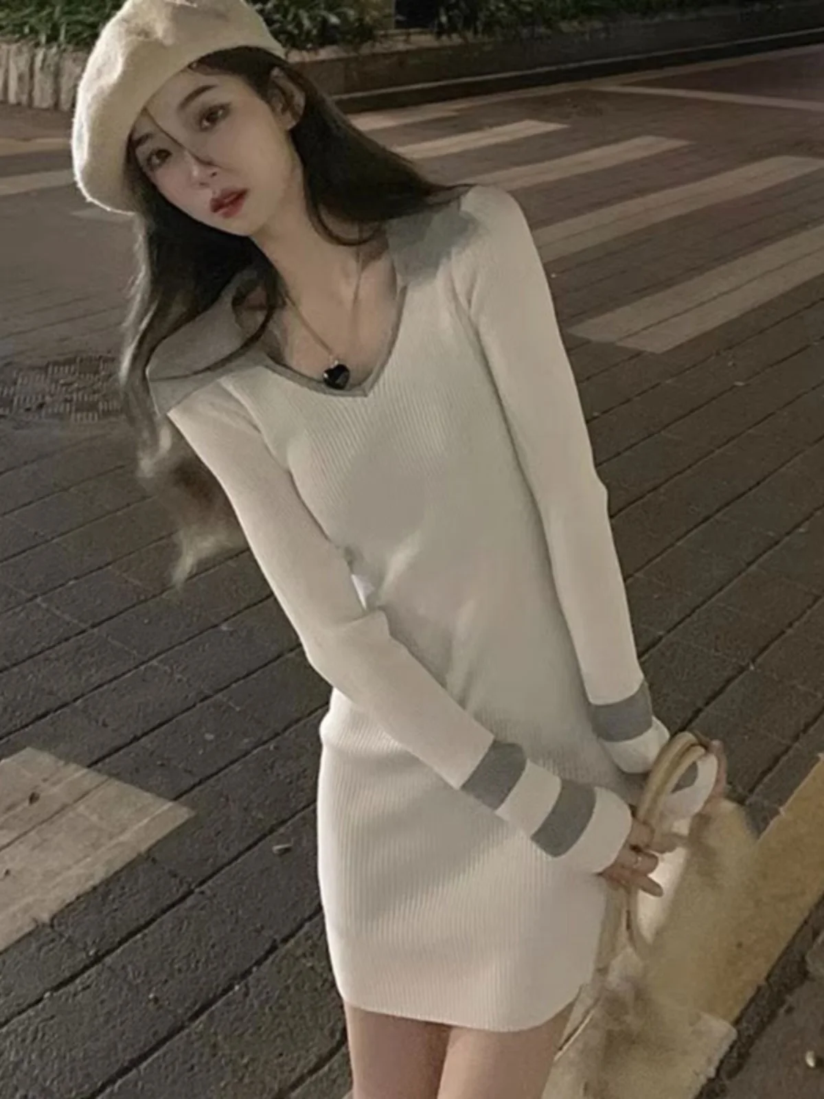 Французское трикотажное платье High Sense с v-образным вырезом женское ранняя осень