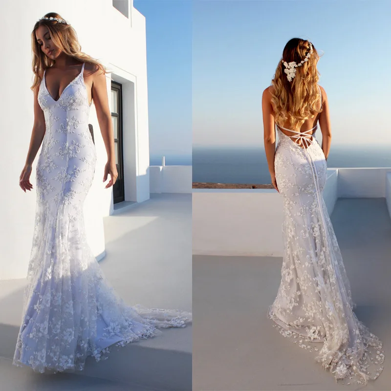 

White Womens Lace Long Dress Summer Bohemian Low Back Backless Open Mermaid Female Honeymoon Trip Clothes V-neck Boho Dress