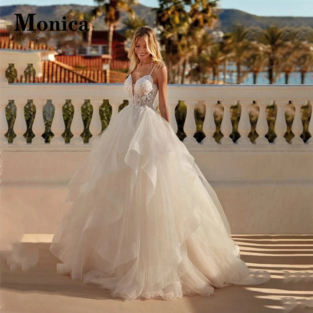 

MONICA Backless Criss-Cross Wedding Dresses Appliques Ruffles Sleeveless Ball Gown Spaghetti Straps Deep V-Neck Court Train