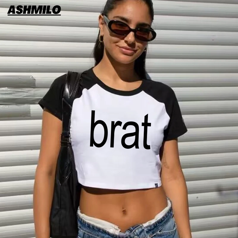 Футболка Y2K уличная Женская в стиле ретро короткий топ с надписью Brat Charli XCX одежда