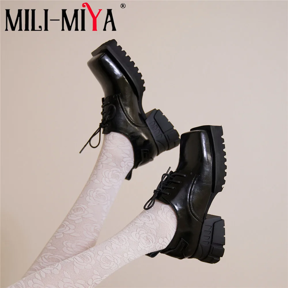 

MILI-MIYA Fashion Square Toe Women Cow Leather Pumps Lace Up Thick Heels Solid Color Comfortable Street Shoes Size 34-40 Handmad