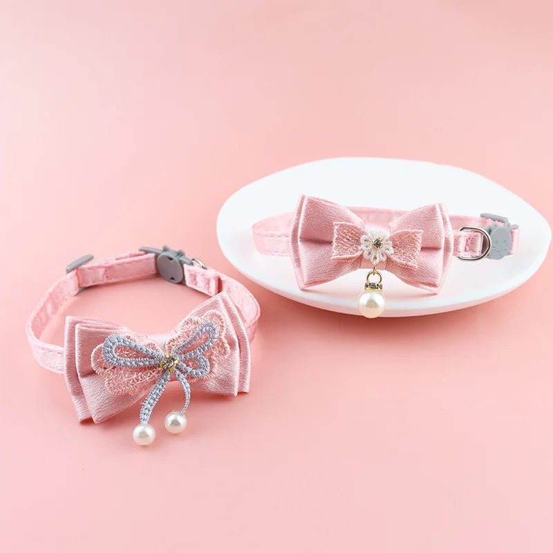 

2Pcs Pet Collars Wholesale Fairy Powder Lace Bow Hanging Bead Cat Collars Bell Pet Supplies Cat Necklace Kitten Cat Accessories