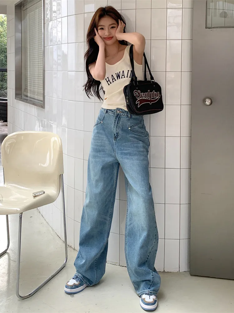 

Женские свободные джинсы с завышенной талией, повседневные брюки с широкими штанинами в Корейском стиле, модные прямые брюки, уличная одежда, мешковатые джинсовые брюки, осень 2023