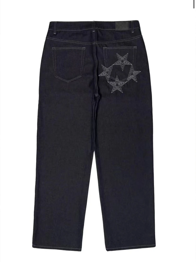 Y2k 99Based Jeans Men's Hip Hop Print Oversized Dark Blue Jeans 2023 New Fashion Casual Loose Straight Wide Leg Trouser