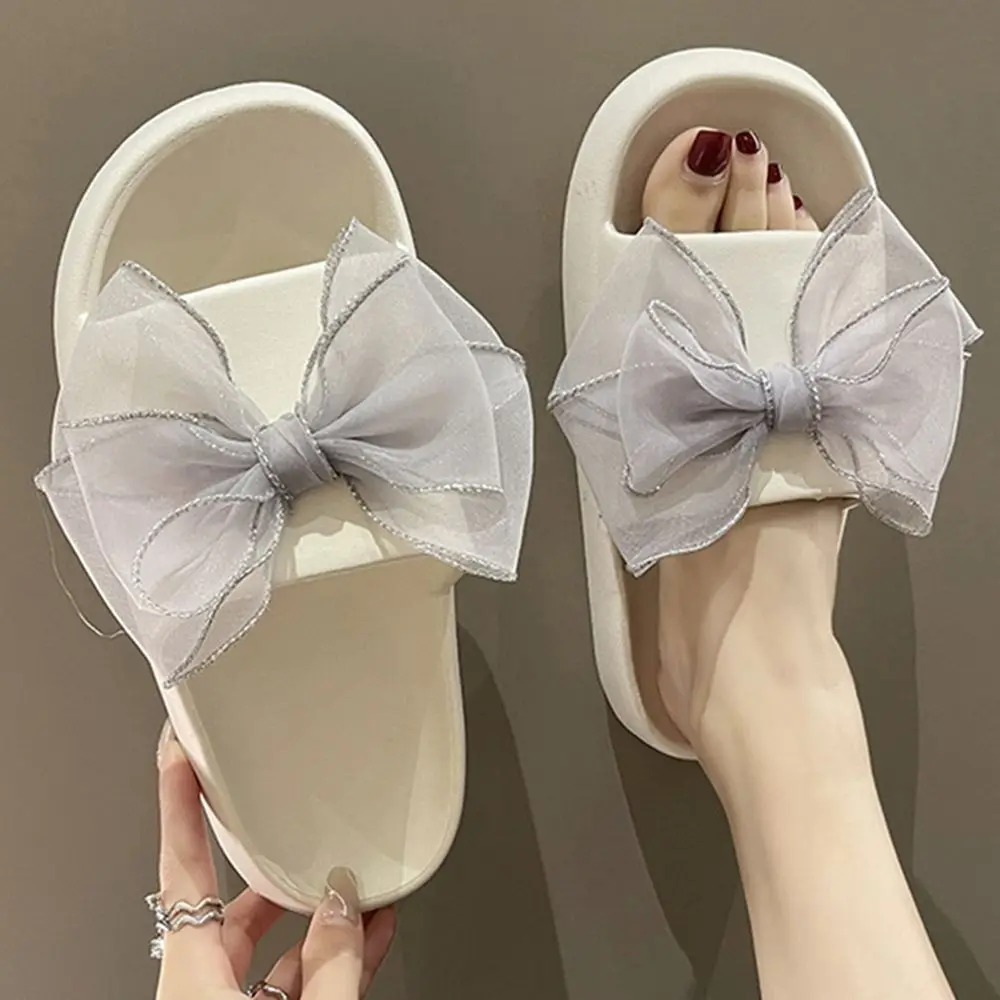 

Women Cute Bow Thick Platform Slippers Indoor Bathroom Slipper Soft Eva Anti-Slip Couples Home Floor Slides Ladies Summer Shoes