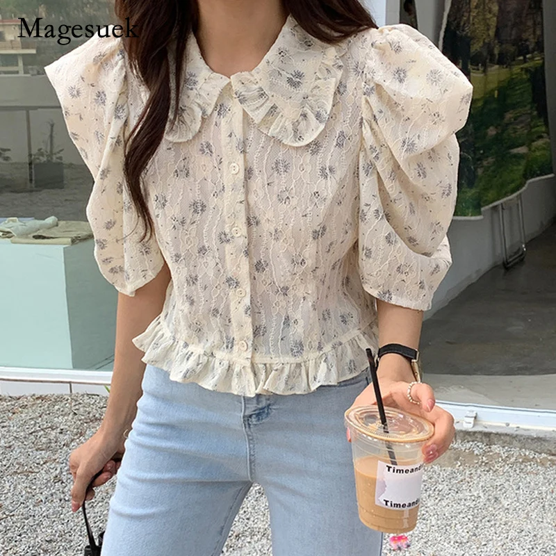 

Sweet Print Shirts Elegant Puff Sleeve Doll Collar Shirt for Women Office Lady Summer Casual Short Sleeve Cute Top Clothes 14792