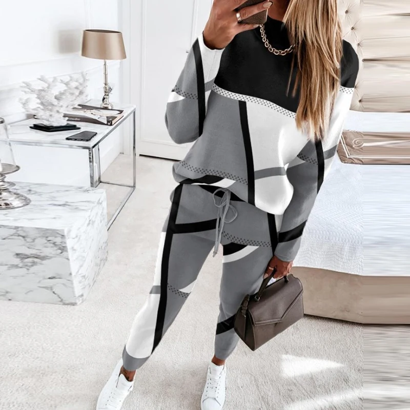 

Casual Women Two Piece Set Autumn O Neck Sweatshirt Pullover & Drawstring Pants Outfits Winter Color Block Patchwork Office Suit