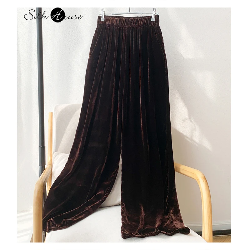 

2023 Female Fashion Autumn/Winter New Style Silk Velvet Skin-friendly Good Draping Feeling Vintage Coffee Casual Wide Leg Pants