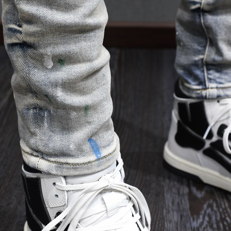 High Street Fashion Men Jeans Retro Blue Elastic Painted Skinny Fit Ripped Jeans Men Patched Designer Hip Hop Brand Pants Hombre