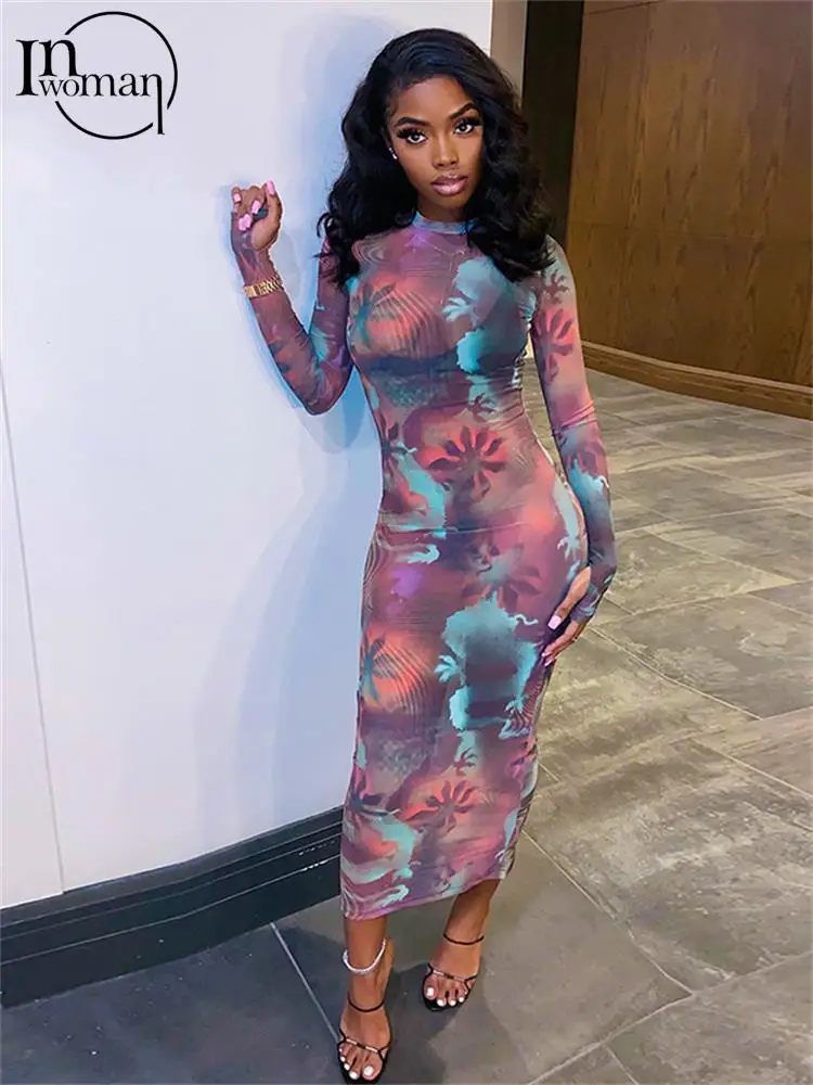 

Inwoman Flower Printing Mesh Bodycon Long Dress Casual Party Outfit For Women 2023 Summer Long Sleeve See Through Maxi Dress