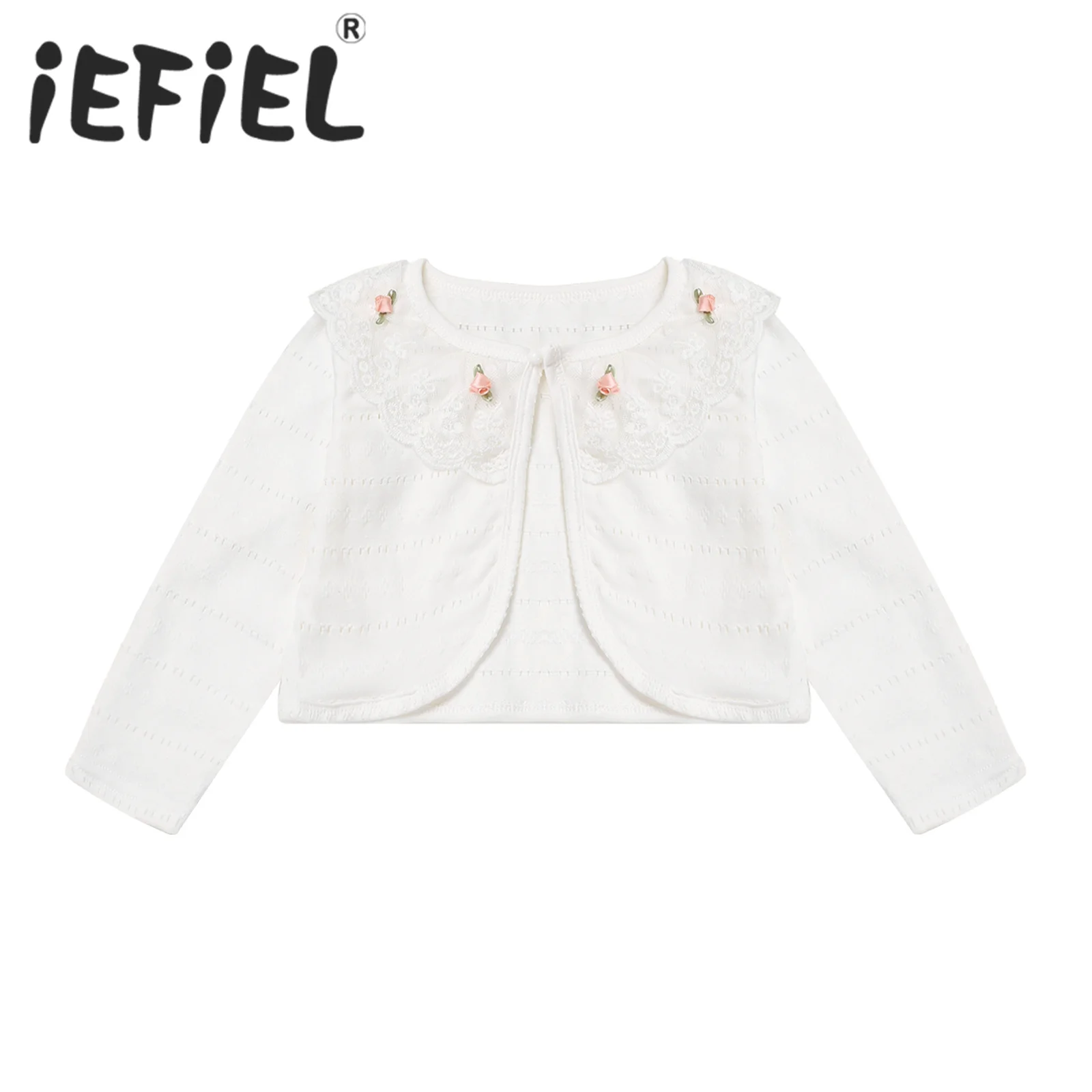 

Baby Girls Summer Jacket Long Sleeves Ruffle Lace Flower Decorated Hollow One Button Closure Outerwear Flower Girls Party Wrap