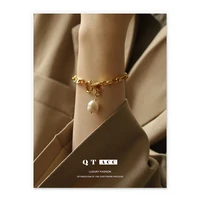 high color vacuum plating gold simple cool style thick chain natural pearl bracelet