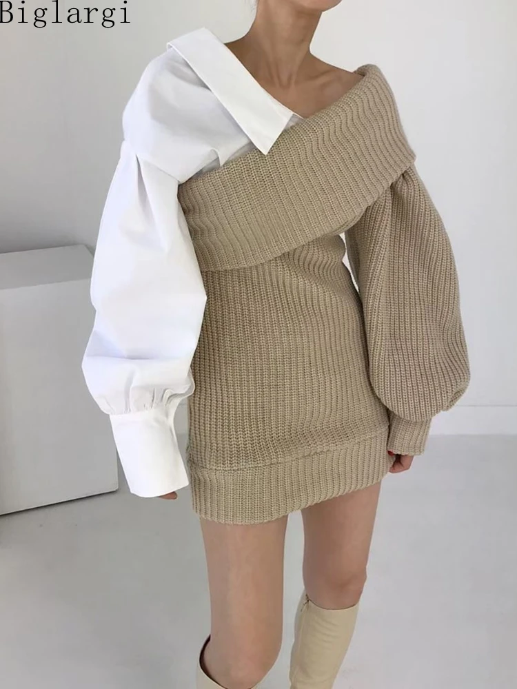 

Korean Autumn Winter Knitted Patchwork Off Shoulder Dress Women Ladies Casual Hip Mini Dresses 2022 New Fashion Woman Knit Dress