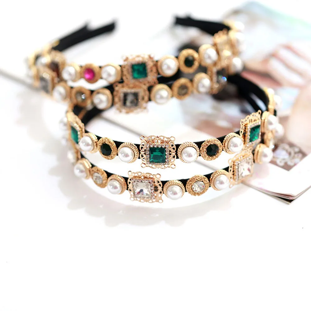 

Pearl Gemstone Ladies Fashion Plastic Hair Band Elastic Hair Accessories Jewelry Head Wrap Imitation Diamond Headband Hairbands
