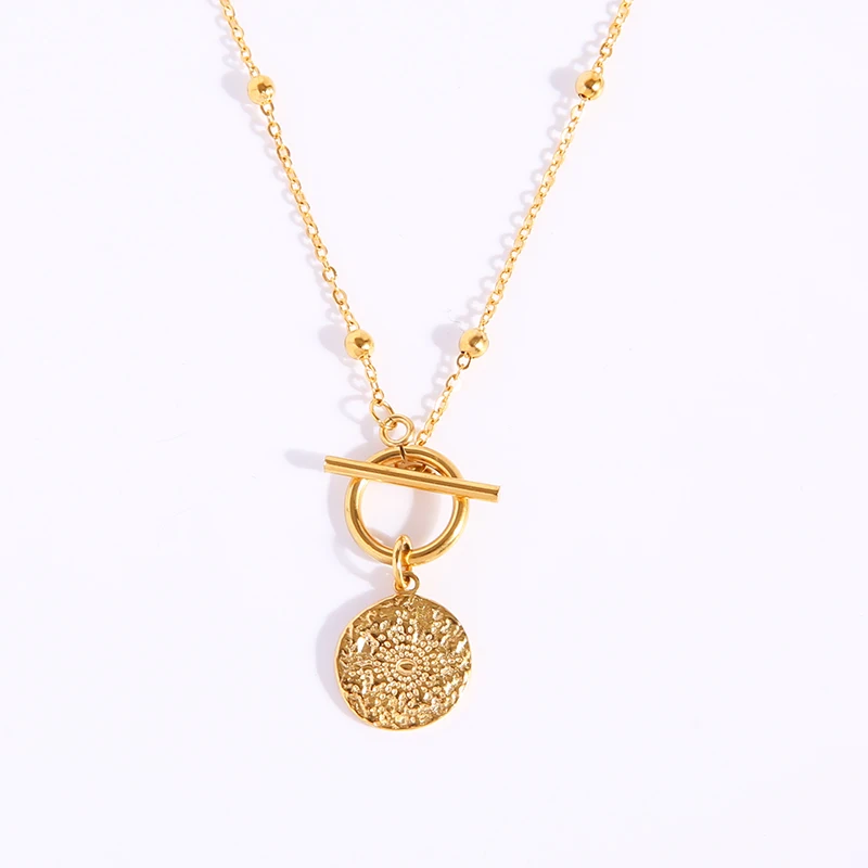 

Stainless Steel Sun Coin Medal Pendant Necklace For Women Gold Metal Sun Medallion Choker Toggle Chain Necklaces Collier Femme