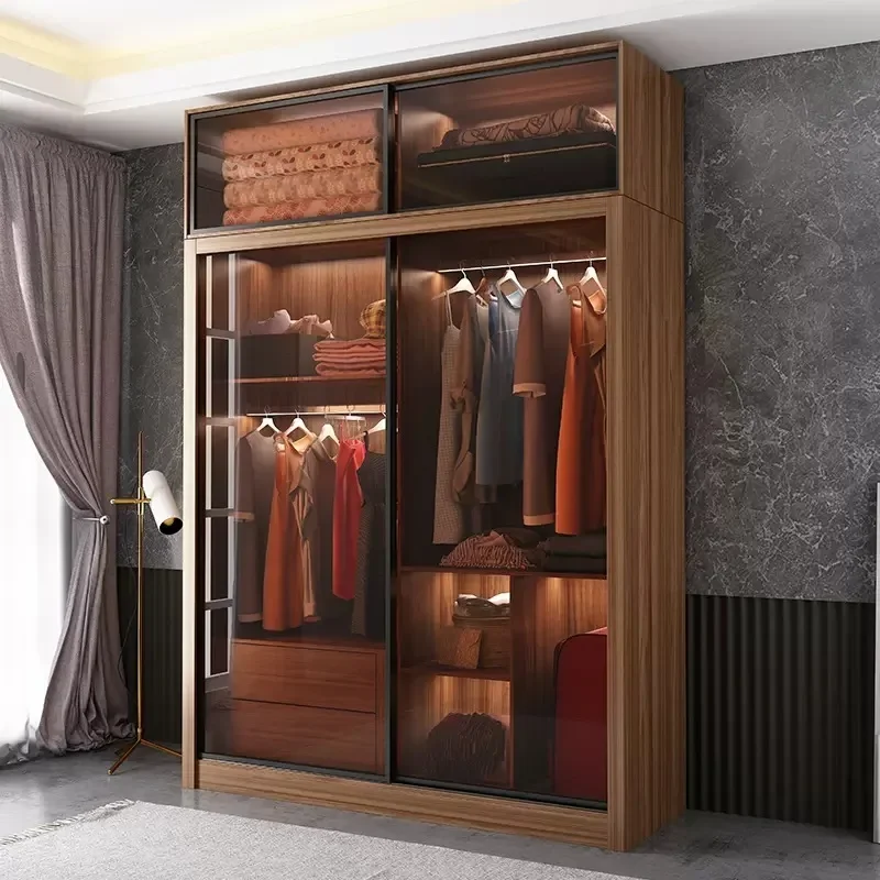 

Vintage Bedroom Wardrobe Storage Hotel Glass Door Organizer Closet Space Saver Individual Push Pull Muebles Bedroom Furniture