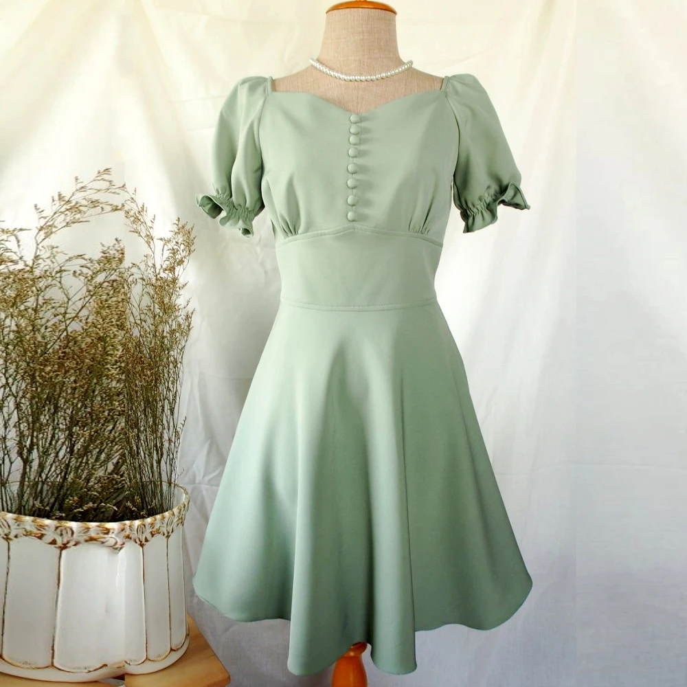 

Sage Green Homecoming Dress Modest Short Sleeves A Line Soft Satin Party Graduation Dress Knee Length